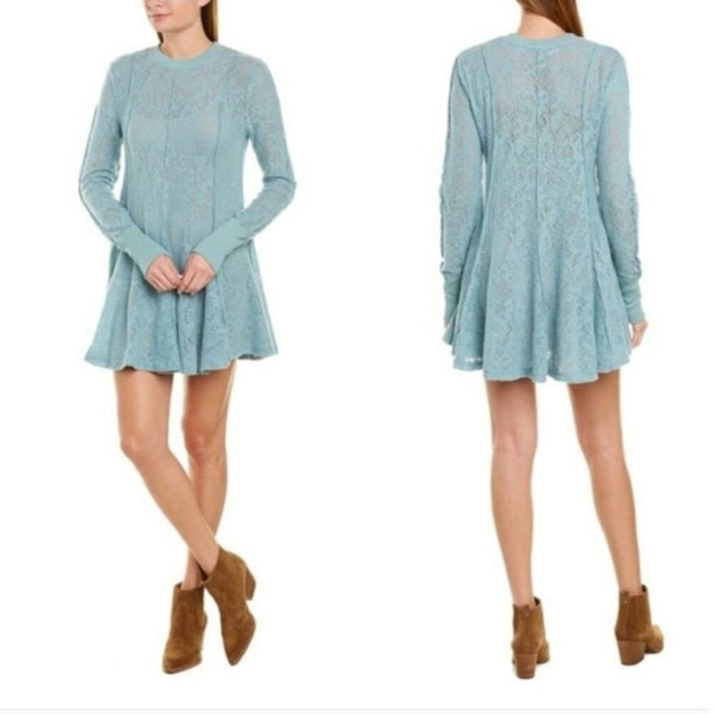Free People Tunic Dress Astral Sea Lace Soft Blue Fall Winter Casual Layer GUC M